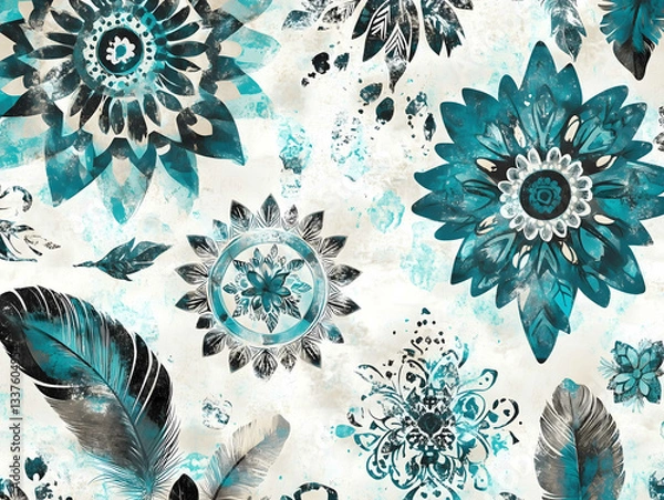 Fototapeta Boho chic vibe on a white vintage texture background mandalas feathers floral pattern botanicals geometric shapes using colors teal 00B4D8 blue 03045E black fff