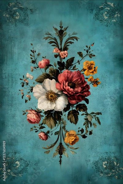 Fototapeta A vintageinspired design with a turquoise background featuring a central floral motif The flower imagery should be intricate and delicately placed at the center