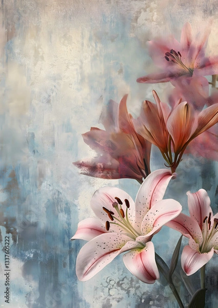 Fototapeta An ethereal flower punk image where lilies and carnations are woven with subtle hints of punk elements like tiny metallic studs and soft leather cords The flower