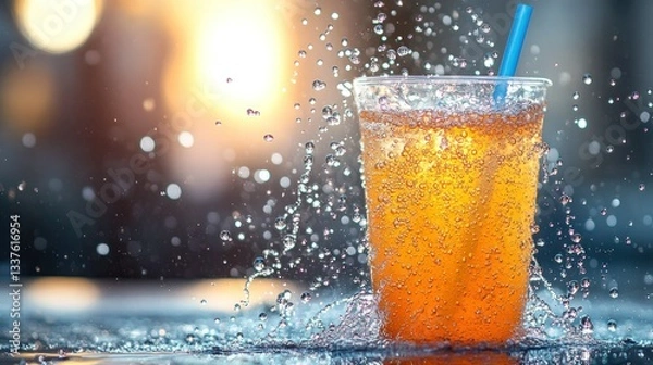 Fototapeta Refreshing orange drink splashes water, straw visible