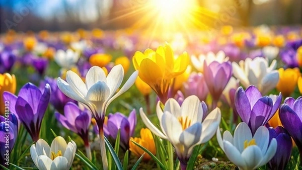 Fototapeta Drone View Spring Crocus Meadow:  Perfect for Mother's Day & Easter Cards