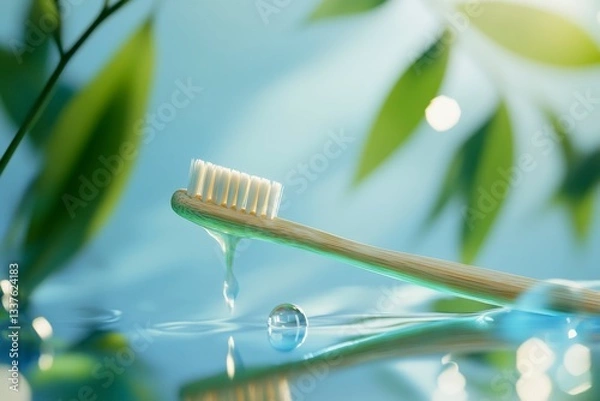 Fototapeta Bamboo Toothbrush with Water Droplet on a Reflective Surface, Soft Lighting and Greenery