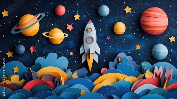 Fototapeta Paper craft rocket launching into colorful space.
