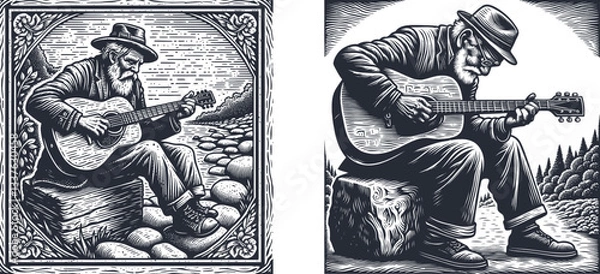 Fototapeta An Old Man Plays the Blues on Guitar, Carved in Stone – A Timeless Tribute to Music and Mastery, Capturing the Soulful Sound of the Blues