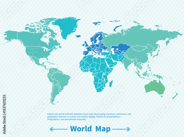 Fototapeta Light colorful detailed world map with vibrant colors, labeled continents, countries, and oceans. Perfect for education, travel, or business use in presentations, posters, and digital projects