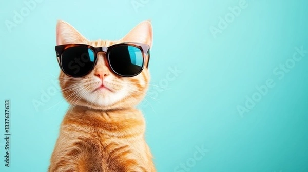 Obraz Orange cat wearing dark brown sunglasses on a light blue background