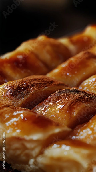 Fototapeta Rustic apple tart with golden flaky crust caramelized edges and cinnamon dusting fresh from the oven in soft light  

