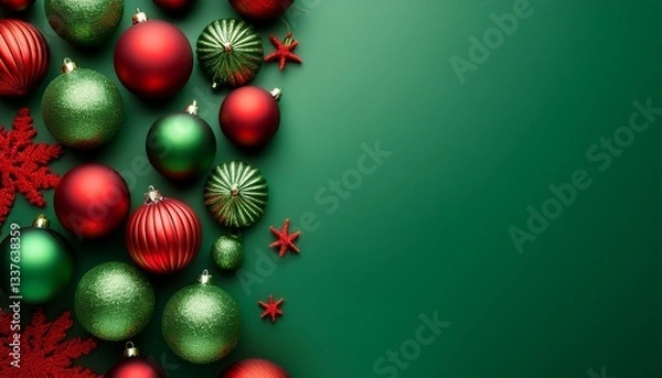 Fototapeta flat lay with traditional christmas ornaments in green and red with copy space- 55720
