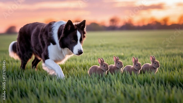 Fototapeta Playful Dog and Rabbits Running Together in a Scenic Meadow at Sunset