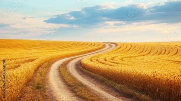 Fototapeta Winding dirt road cutting through expansive golden wheat fields under summer skies