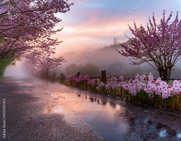 Fototapeta April showers with soft rain droplets falling on blooming flowers