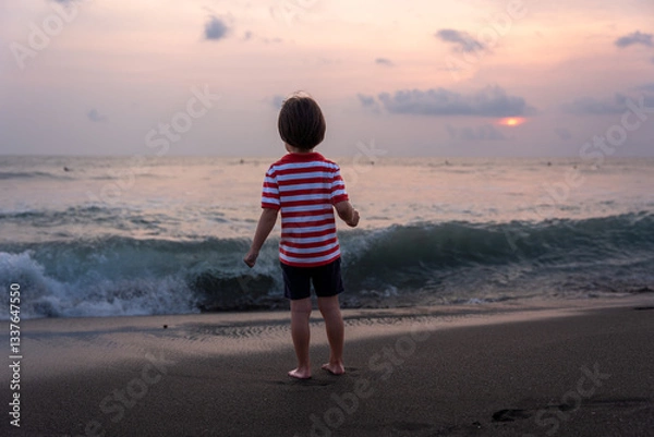 Obraz ビーチを歩く男の子の後ろ姿