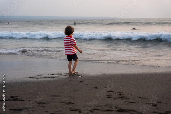 Fototapeta ビーチを歩く男の子の後ろ姿