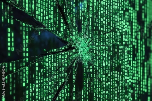 Obraz A shattered digital matrix with glowing green binary code.