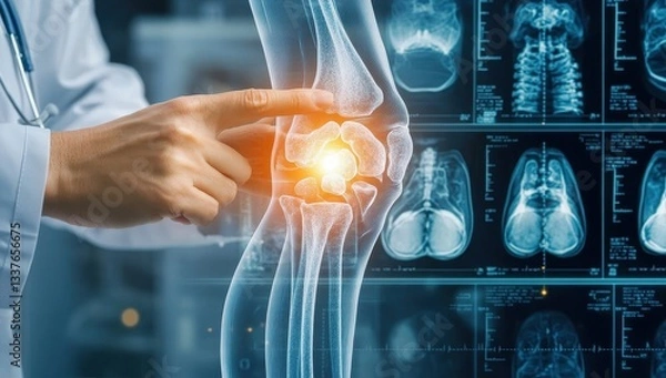 Fototapeta Doctor examining digital knee X-ray with highlighted joint area.