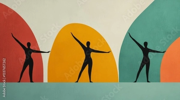 Fototapeta Human Figure and Movement concept. Silhouetted dancers against colorful abstract backgrounds.