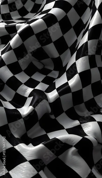 Fototapeta Waving black and white checkered flag symbolizing the finish line in racing.