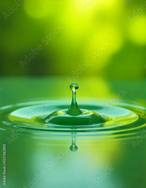 Fototapeta A water droplet falling into water, creating ripples on a green, tranquil surface.
