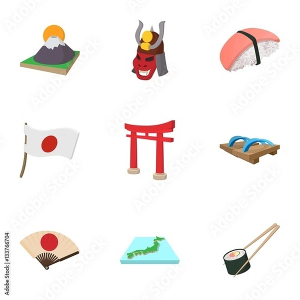 Fototapeta Tourism in Japan icons set, cartoon style