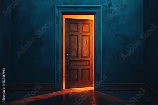 Fototapeta An open door revealing warm light in a dark room.  A mysterious entrance