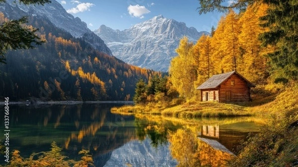 Fototapeta Idyllic autumn mountain scenery with wooden cabin reflecting in clear lake