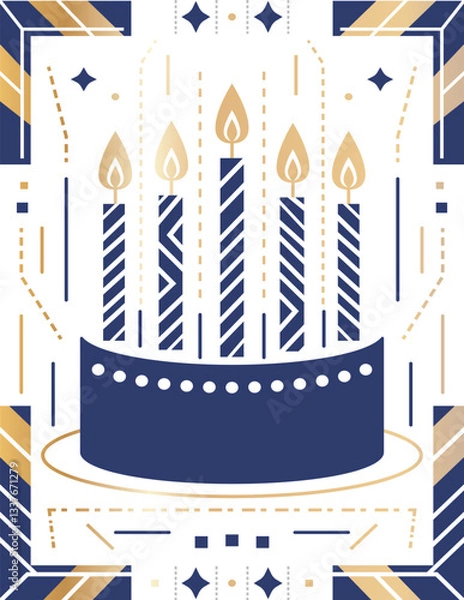Fototapeta Elegant Navy And Gold Birthday Cake With Lit Candles