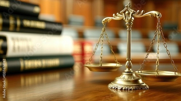 Fototapeta golden balance scale sits prominently on wooden desk in courtroom, symbolizing justice and fairness. In background, blurred law books are visible, emphasizing legal setting