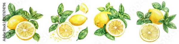 Fototapeta Lemon and Mint Leaves, Fruits and Peppermint on Isolated White Background, Botanical Illustration Watercolor Painting