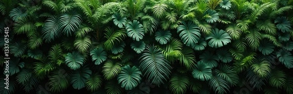 Fototapeta Dark green tropical rainforest foliage, dense plants. Ferns, palms, philodendrons, monstera. Exotic tropic plants leaves in tropical garden on black background. Natural fresh spring summer