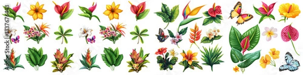 Fototapeta Set Tropical Flowers Isolated Botanical Flora. Bird of Paradise, Yellow Butterfly, Anthurium, Guzmania, Heliconia Hawaii