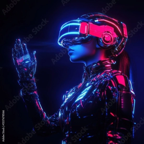 Fototapeta Futuristic woman in VR gear exploring virtual space