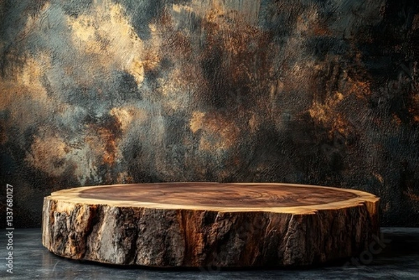 Fototapeta A rustic wooden tree trunk slab serves as a display platform