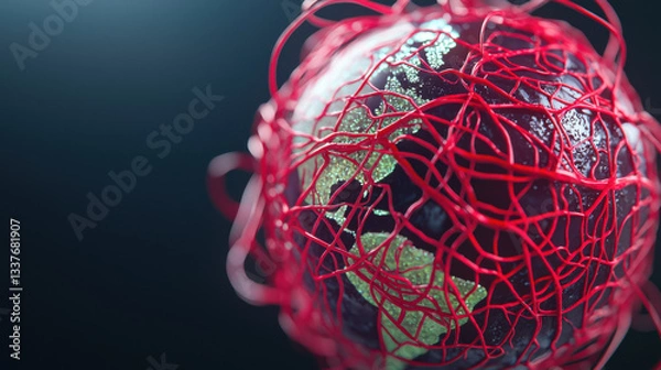 Fototapeta surreal planet wrapped in red veins, depicting abstract concept