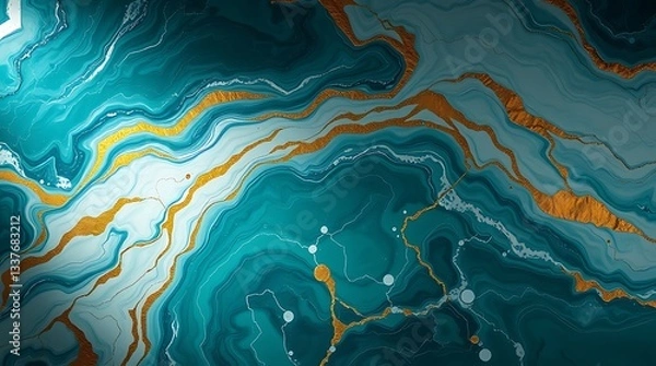 Obraz Abstract fluid art, swirling teal and turquoise colors, golden veins, marbled texture, ethereal underwater landscape, flowing patterns, liquid canvas, vibrant contrasts, aquatic inspired, dynamic comp