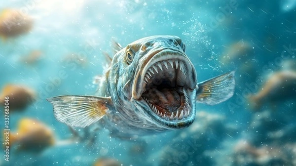 Fototapeta A school of barracudas swimming in tight synchronized formation their sharp gleaming teeth flashing as they move through the underwater scene with ample copy space for text overlay