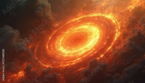 Fototapeta Inferno vortex spiraling flames amid incandescent embers, smoke tendrils on obsidian backdrop. Hellish glow dynamic fire, scorching heat waves create intense dramatic elemental visual.