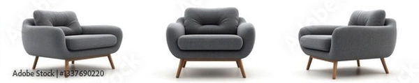 Fototapeta A gray fabric armchair with wooden legs, multiple poses and expressions from different angles