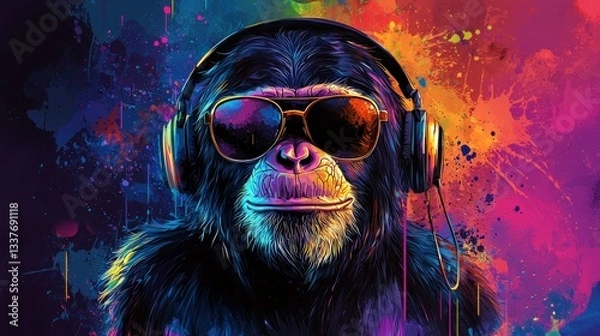 Obraz Cool chimp wearing headphones and sunglasses on vibrant background. (1)