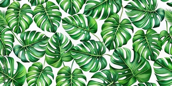 Obraz Lush Tropical Monstera Leaves Pattern: White Background Textile Wallpaper Design