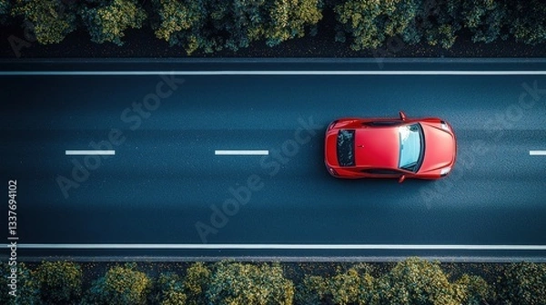 Obraz Red car driving on asphalt road, aerial view.