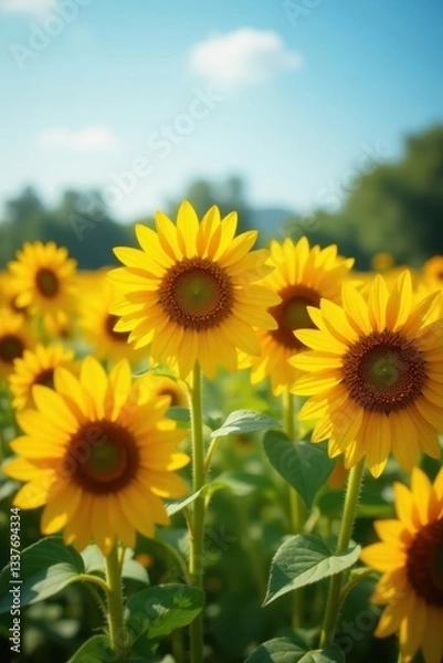 Fototapeta Close-up of multi-hued sunflowers in a sunlit meadow, photography, bloom, light