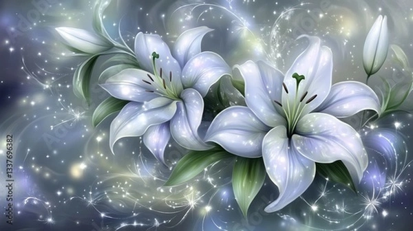 Fototapeta Sparkling lilies desktop background, ethereal glow, fantasy art