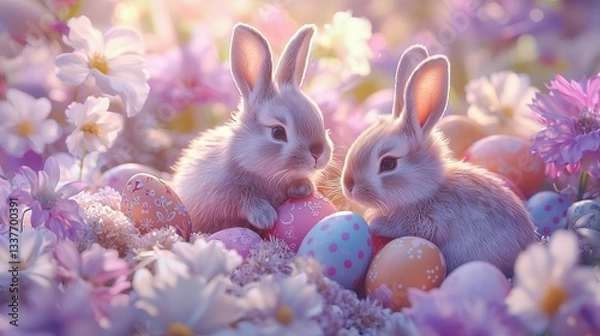 Fototapeta Easter bunny with eggs on pastel floral background. Easter greeting cards