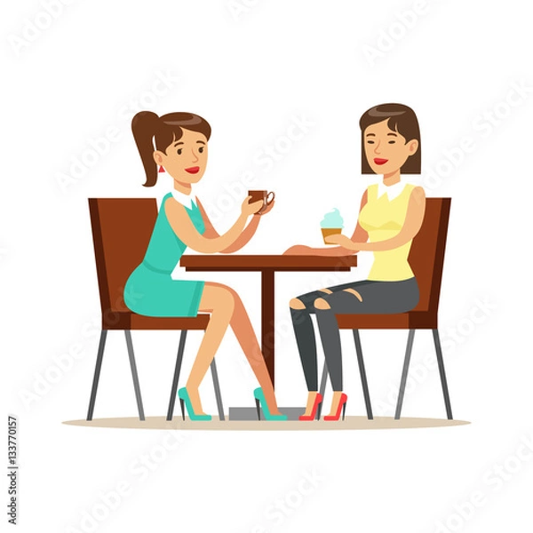 Fototapeta Happy Best Friends Drinking Coffee In Cafe, Part Of Friendship Illustration Series