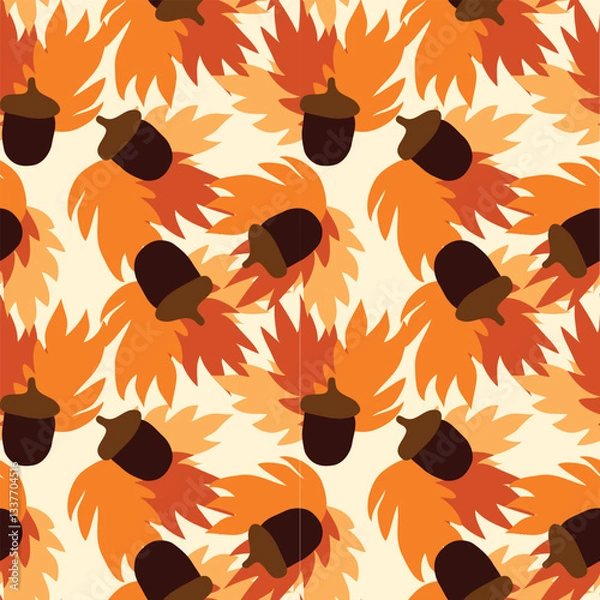 Fototapeta acorns with autumn dry leaves seamless pattern. acorns scattered on maple leaves seamless pattern. It is suitable for decoration, tiles, fabric, textile and more. 