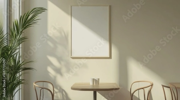 Obraz Minimalist caf? interior with a blank frame on the wall, sunlight casting shadows, and a potted plant nearby