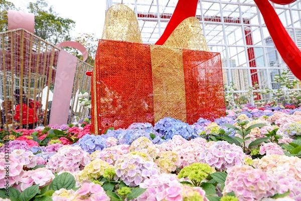 Fototapeta Gift Box Display in a Floral Garden Setting with Hydrangea