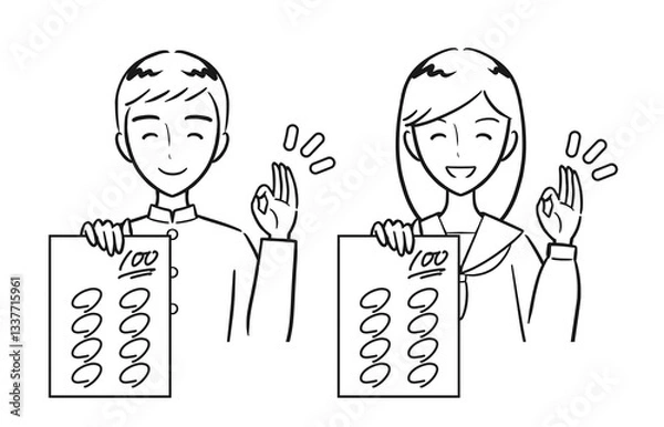 Fototapeta 笑顔で100点を取ったテストを見せる男子学生・女子学生セット（線画）