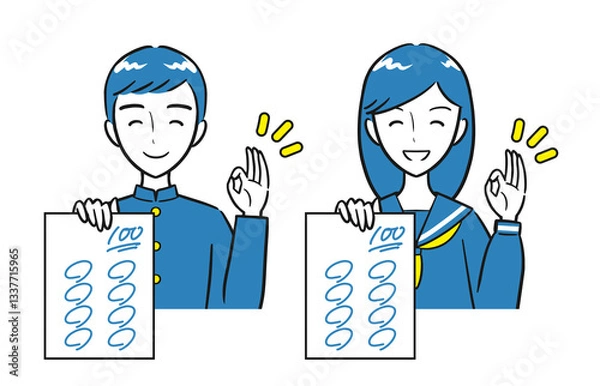 Fototapeta 笑顔で100点を取ったテストを見せる男子学生・女子学生セット（シンプル）