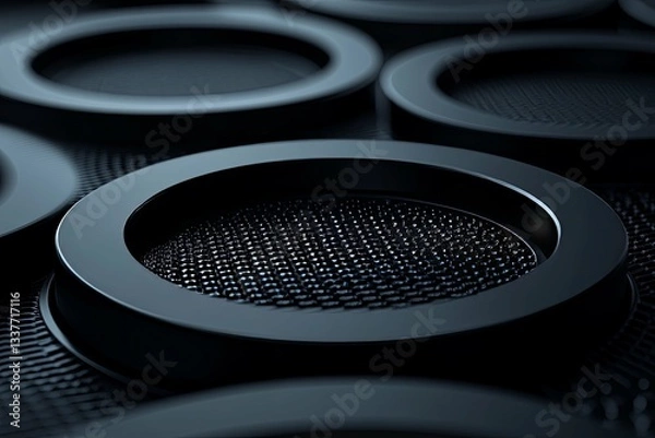 Fototapeta Close up view of several dark circular metal objects